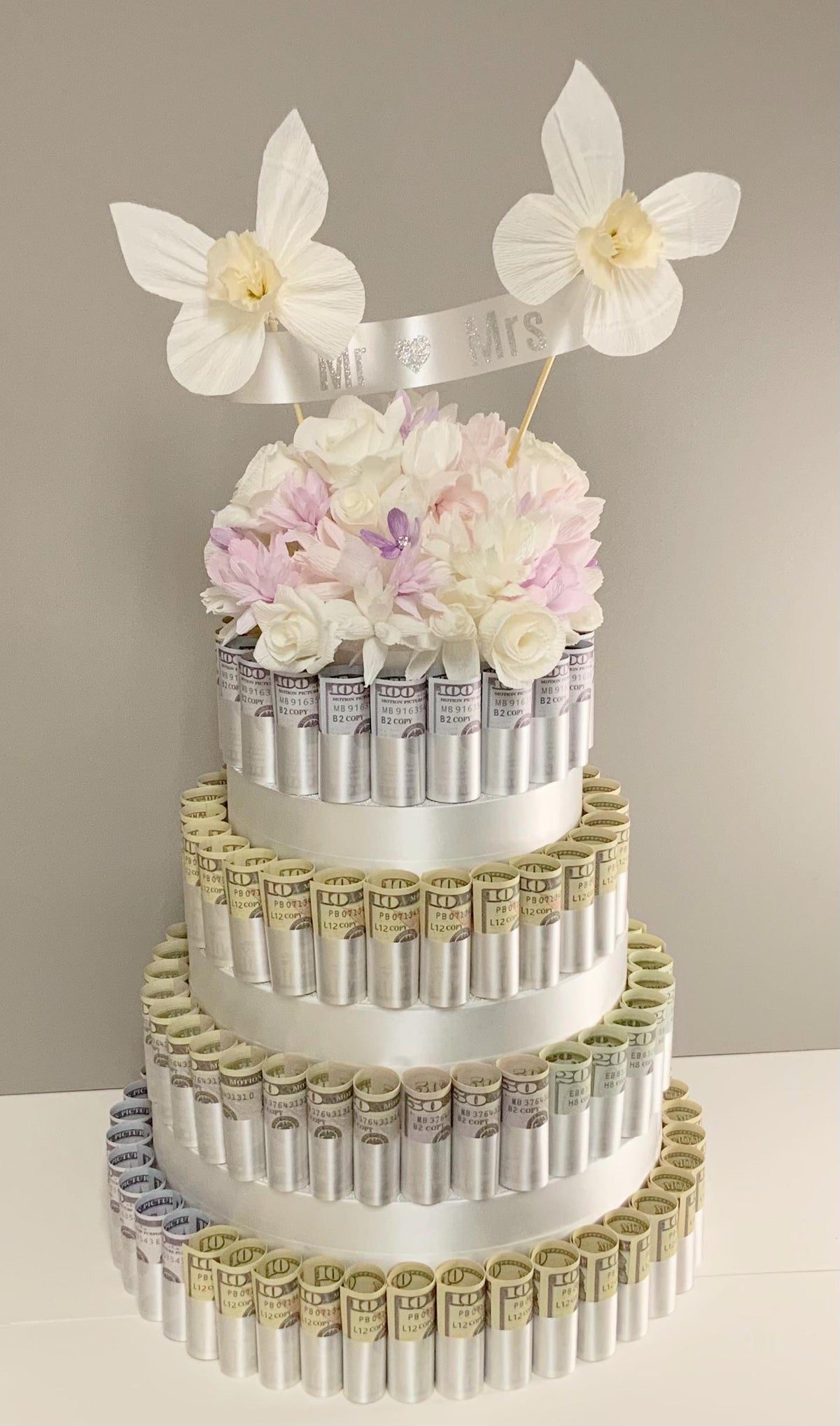Fake Wedding Cake-Faux Wedding Cake-Crepe Paper Flowers-Money Cake-Currency Cake