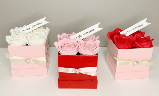 Valentine Roses-Flower Boxes-Paper Flowers-Crepe Paper Flowers-Rose Boxes-Bouquet-Bouquet in a Box-Wedding Gifts-Mother’s Day Flowers
