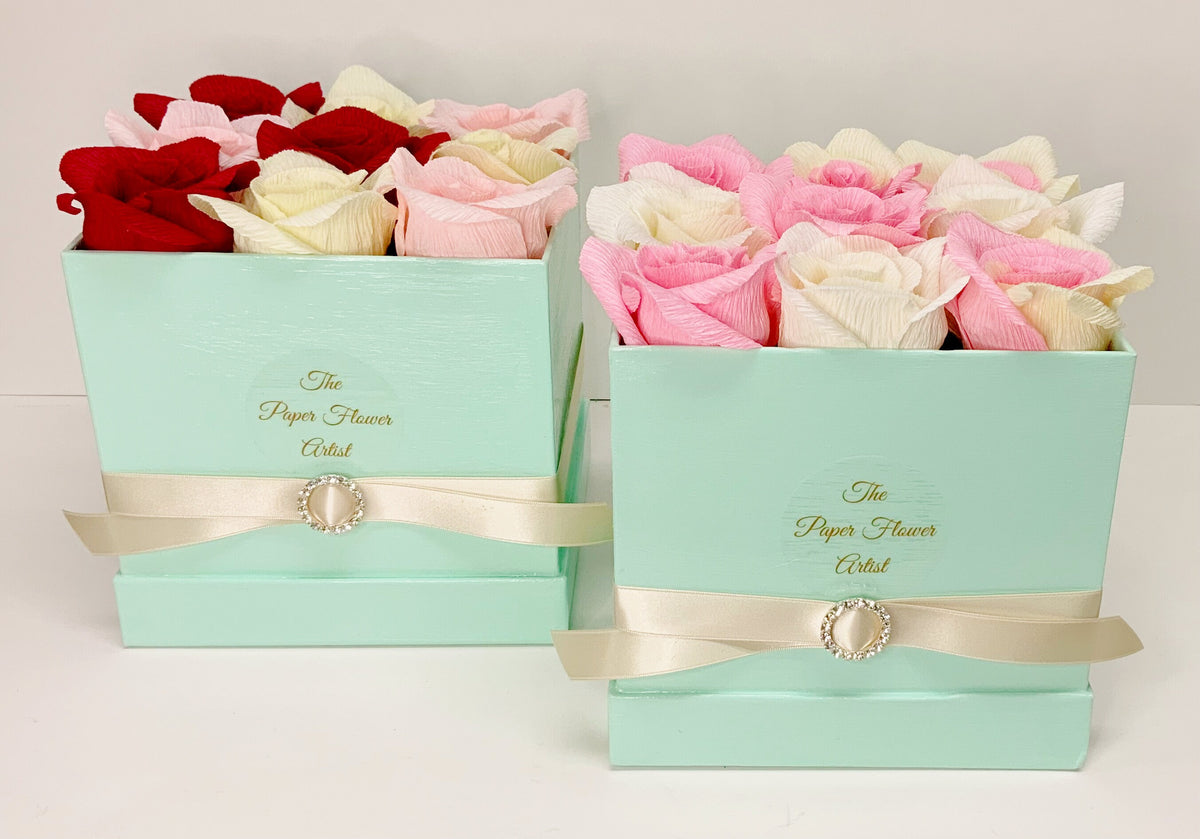 Valentine Roses-Flower Boxes-Paper Flowers-Crepe Paper Flowers-Rose Boxes-Bouquet-Bouquet in a Box-Wedding Gifts-Mother’s Day Flowers