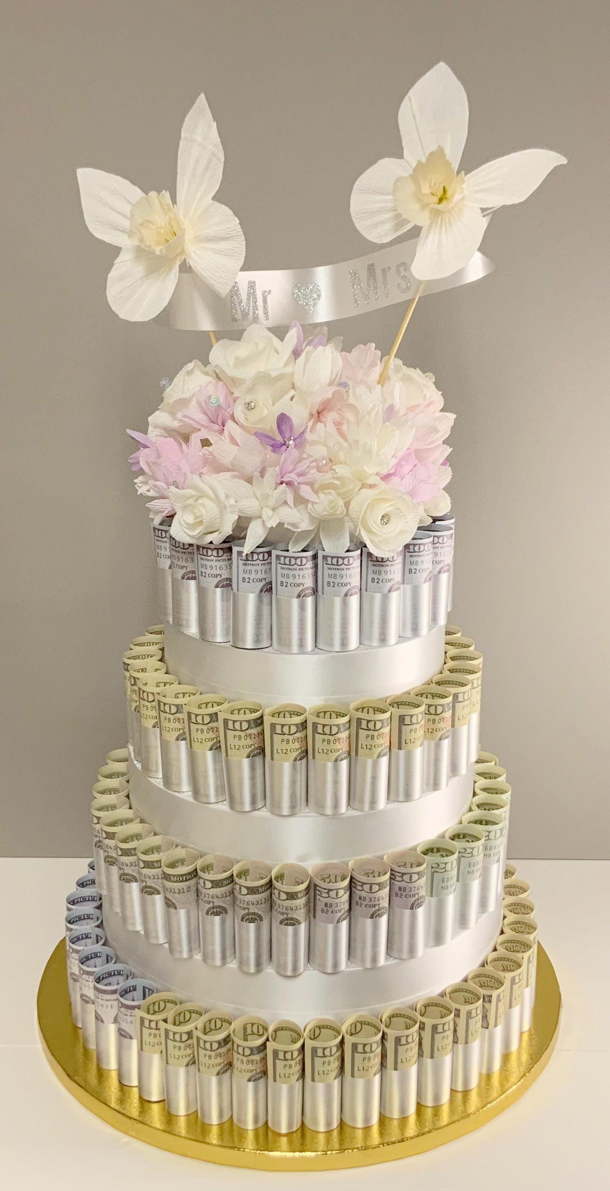 Fake Wedding Cake-Faux Wedding Cake-Crepe Paper Flowers-Money Cake-Currency Cake