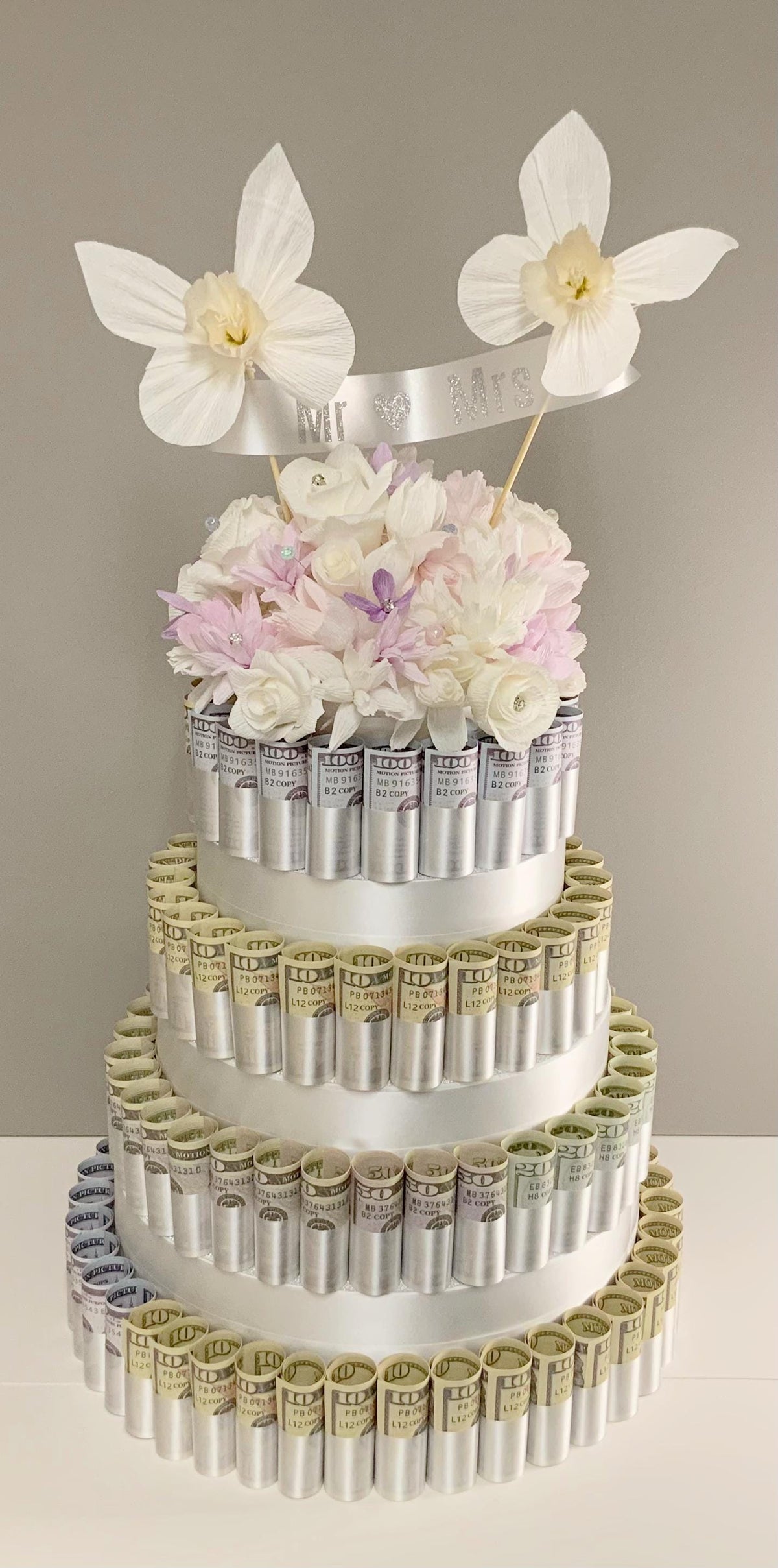 Fake Wedding Cake-Faux Wedding Cake-Crepe Paper Flowers-Money Cake-Currency Cake