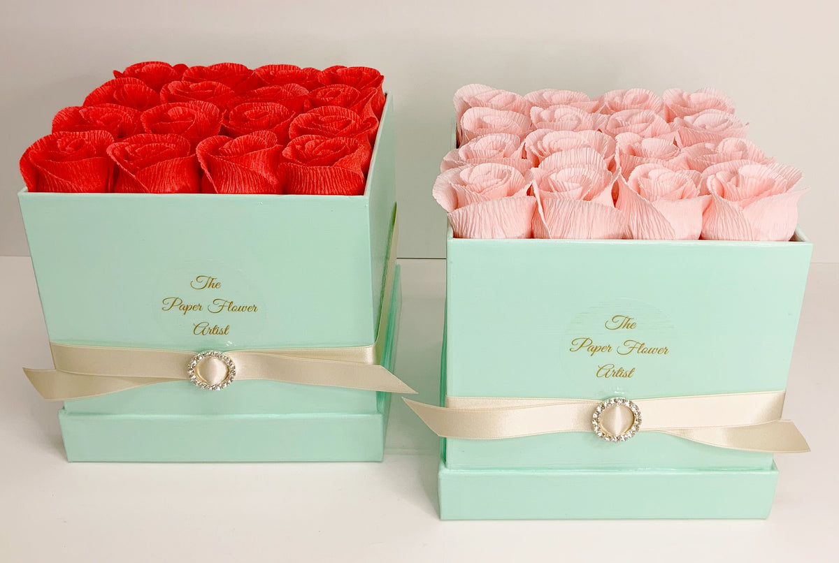 Valentine Rose Boxes- Flower Boxes-Wedding Gift-Anniversary-Paper Anniversary-Crepe Paper Roses-Crepe Paper Flowers-Bridal Gift