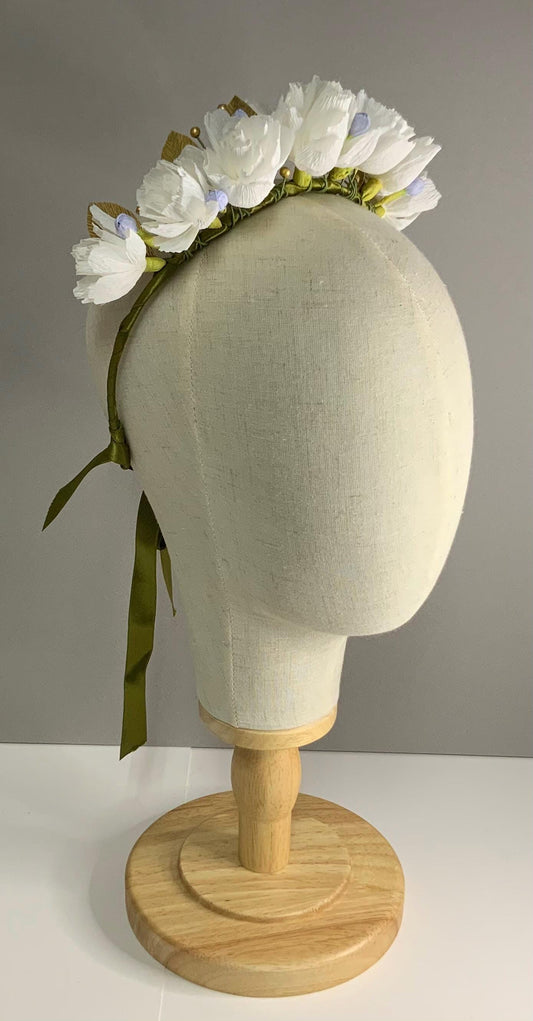 Hair Accessories-Handmade Crepe Paper Flower Wedding Crown - White Floral Bridal Headband