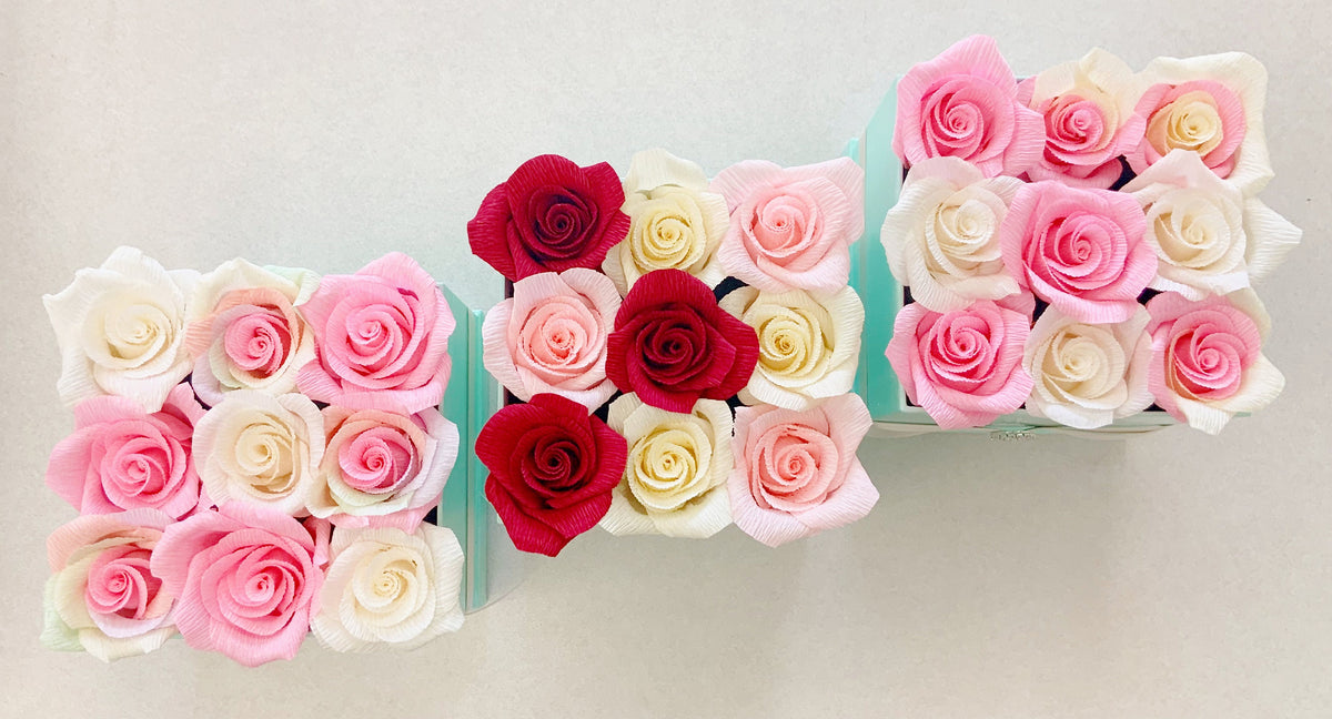 Valentine Roses-Flower Boxes-Paper Flowers-Crepe Paper Flowers-Rose Boxes-Bouquet-Bouquet in a Box-Wedding Gifts-Mother’s Day Flowers