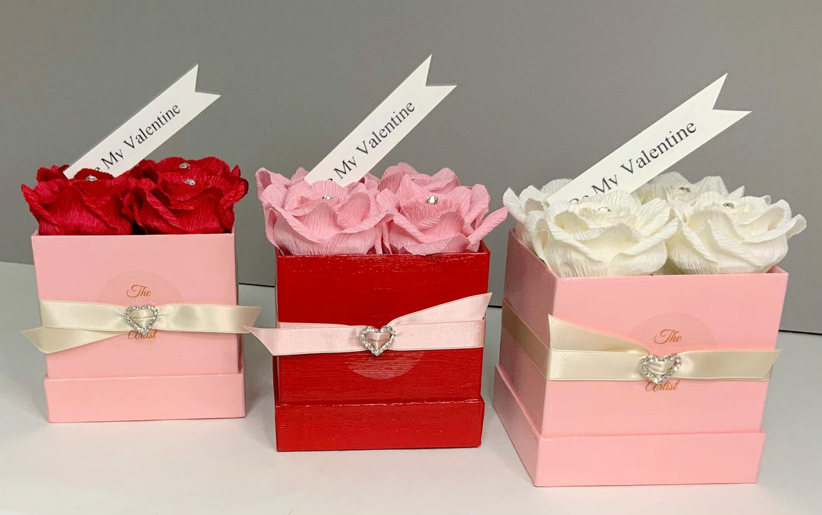 Valentine Roses-Flower Boxes-Paper Flowers-Crepe Paper Flowers-Rose Boxes-Bouquet-Bouquet in a Box-Wedding Gifts-Mother’s Day Flowers