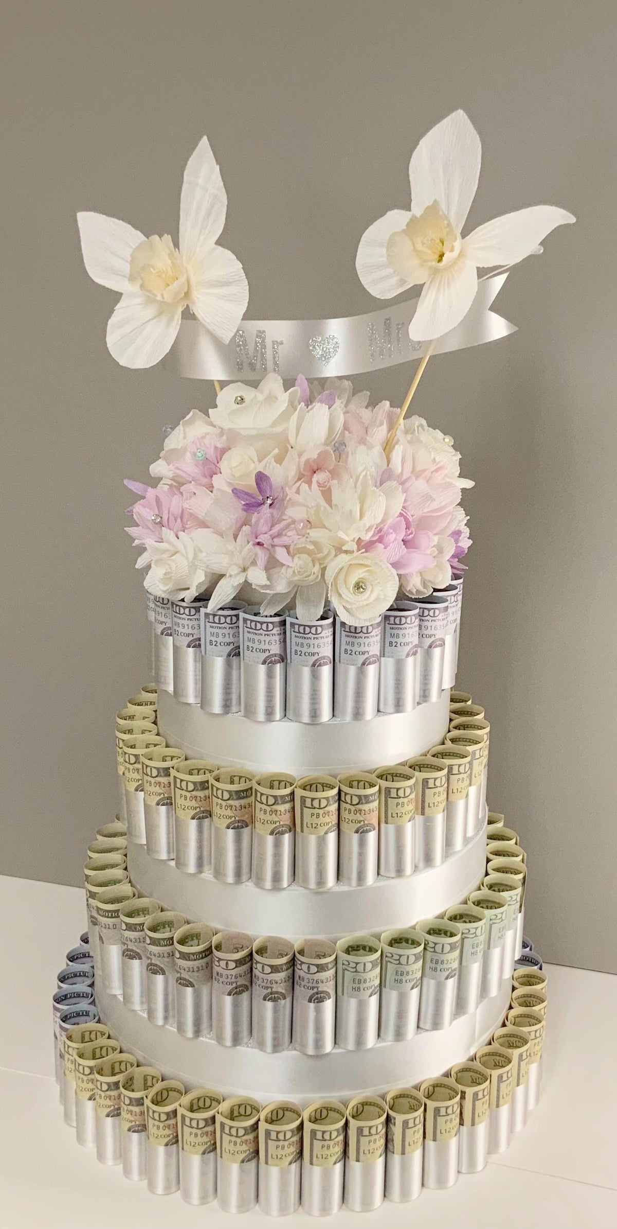 Fake Wedding Cake-Faux Wedding Cake-Crepe Paper Flowers-Money Cake-Currency Cake