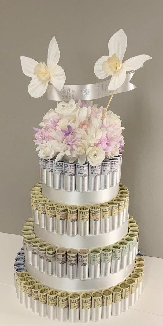 Fake Wedding Cake-Faux Wedding Cake-Crepe Paper Flowers-Money Cake-Currency Cake