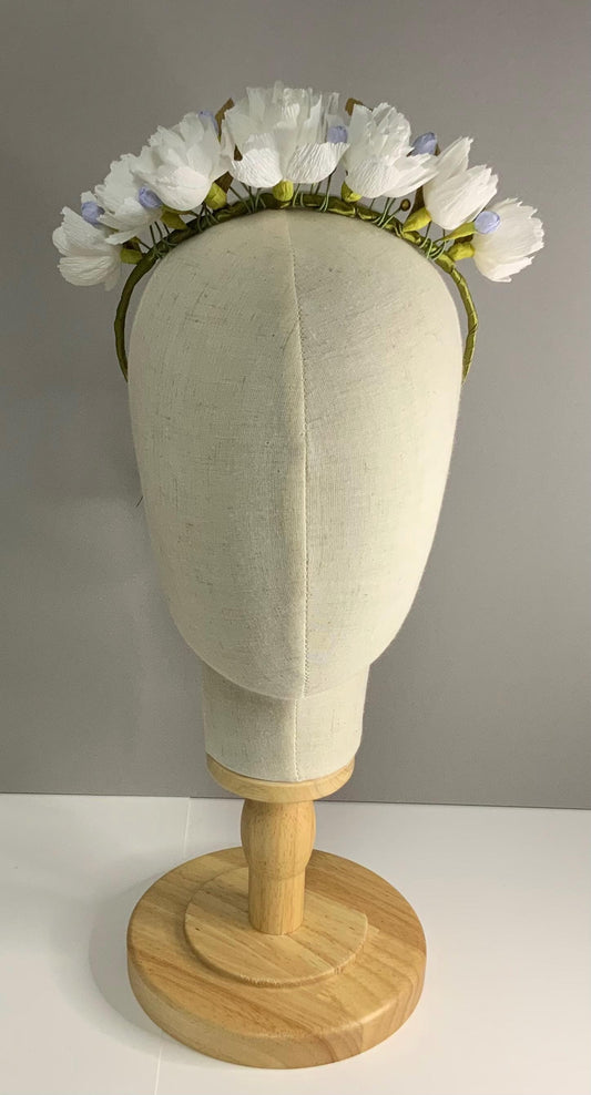 Hair Accessories-Handmade Crepe Paper Flower Wedding Crown - White Floral Bridal Headband