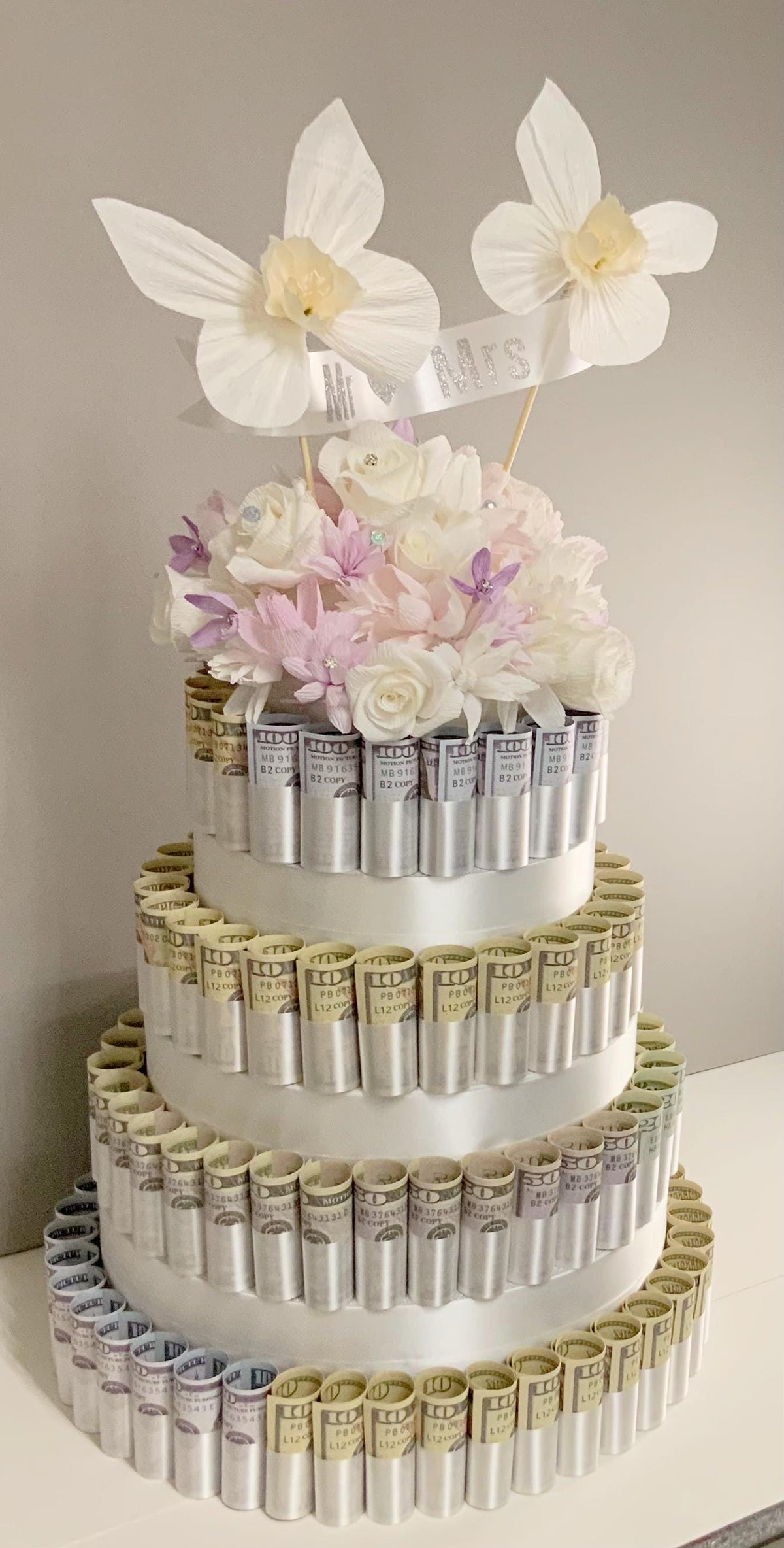 Fake Wedding Cake-Faux Wedding Cake-Crepe Paper Flowers-Money Cake-Currency Cake