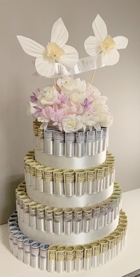 Fake Wedding Cake-Faux Wedding Cake-Crepe Paper Flowers-Money Cake-Currency Cake
