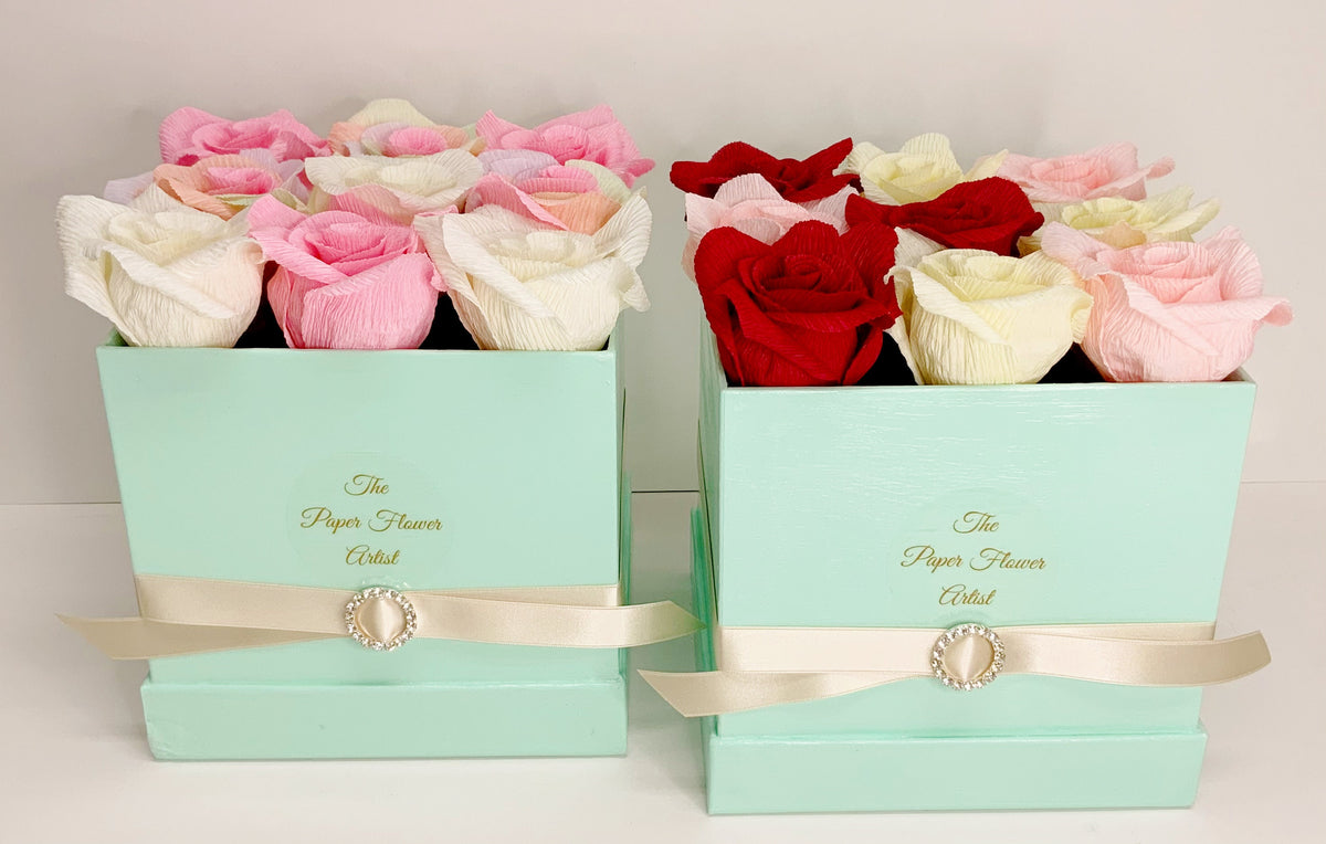 Valentine Roses-Flower Boxes-Paper Flowers-Crepe Paper Flowers-Rose Boxes-Bouquet-Bouquet in a Box-Wedding Gifts-Mother’s Day Flowers