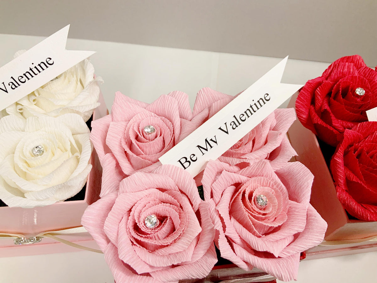 Valentine Roses-Flower Boxes-Paper Flowers-Crepe Paper Flowers-Rose Boxes-Bouquet-Bouquet in a Box-Wedding Gifts-Mother’s Day Flowers