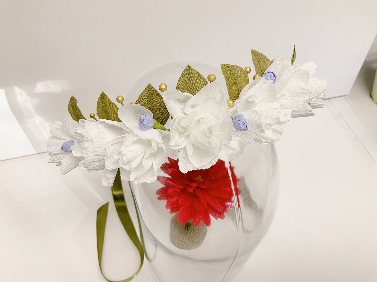Hair Accessories-Handmade Crepe Paper Flower Wedding Crown - White Floral Bridal Headband