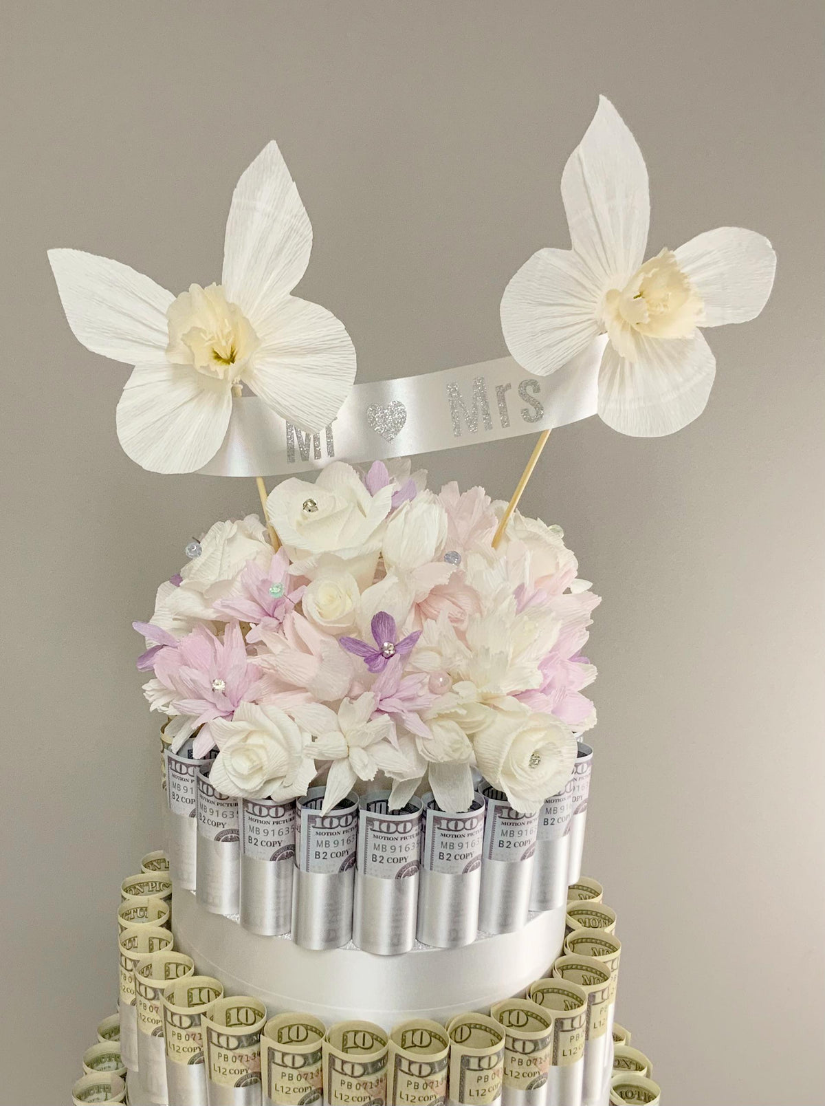 Fake Wedding Cake-Faux Wedding Cake-Crepe Paper Flowers-Money Cake-Currency Cake