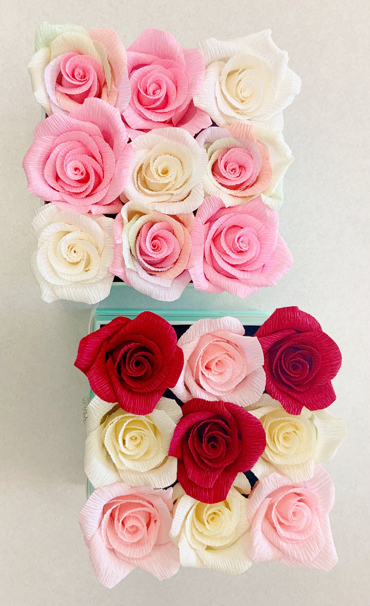 Valentine Roses-Flower Boxes-Paper Flowers-Crepe Paper Flowers-Rose Boxes-Bouquet-Bouquet in a Box-Wedding Gifts-Mother’s Day Flowers